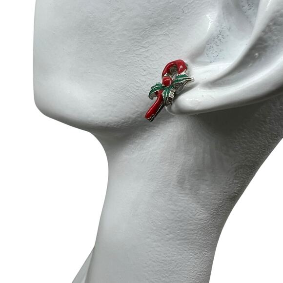 Vintage Holiday Candy Cane Stud Earrings - Christmas Festive Jewelry - Picture 3 of 7